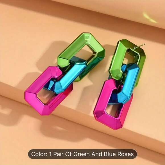 Colorful Electroplated Acrylic Geometric Chain Design Dangle Earrings Pink Green - Picture 1 of 2